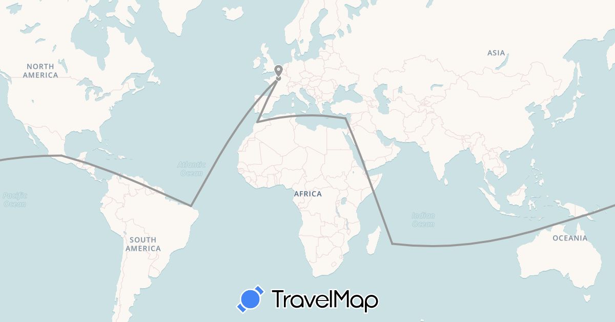 TravelMap itinerary: plane in Australia, Brazil, Cyprus, France, Morocco, Mexico, Réunion (Africa, Asia, Europe, North America, Oceania, South America)